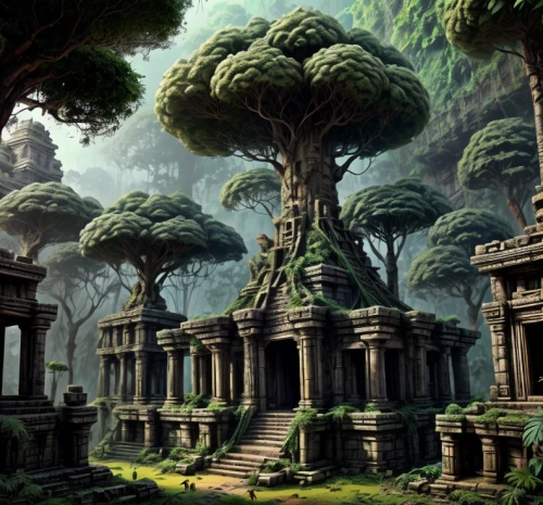 ancient city,the ancient world,mushroom landscape,artemis temple,ancient buildings,ancient,sacred fig,druid grove,tree of life,the roots of trees,bodhi tree,the ruins of the,fantasy landscape,ancient civilization,angkor,elven forest,maya civilization,ficus,poseidons temple,patrol