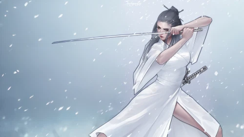 swordswoman,the snow queen,swath,white rose snow queen,nine-tailed,eternal snow,suit of the snow maiden,shinigami,white winter dress,cold weapon,glory of the snow,sword lily,swordsman,scythe,spear,female warrior,ice queen,katana,the snow falls,warrior woman