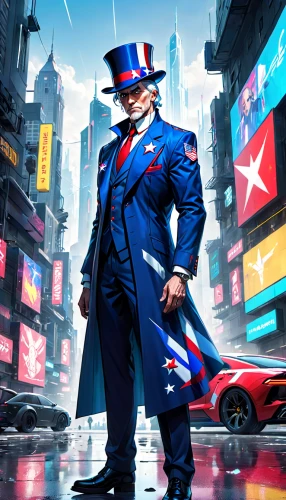 uncle sam,america,kingpin,american,banker,americana,usa,uncle sam hat,american car,game illustration,billionaire,captain american,businessman,capitanamerica,lincoln cosmopolitan,public sale,mayor,mafia,monopoly,white-collar worker,Anime,Anime,General