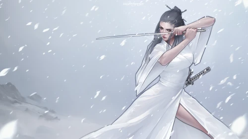 the snow queen,swordswoman,swath,white rose snow queen,white winter dress,eternal snow,nine-tailed,cold weapon,scythe,glory of the snow,shinigami,sword lily,ice queen,suit of the snow maiden,snow white,the snow falls,huntress,female warrior,erhu,mulan