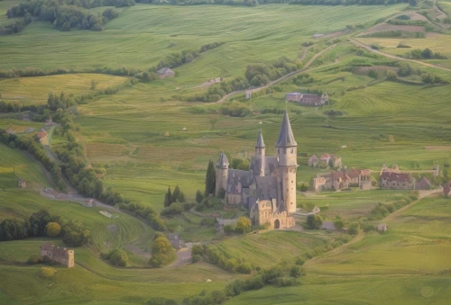 bucovina,hohenzollern castle,aerial image,tuscany,abbaye de sénanque,notre dame de sénanque,san galgano,aerial view,aerial photograph,from the air,monferrato,saint andrews,aerial shot,hohenzollern,tuscan,medieval,volterra,hogwarts,church towers,castle bran,Game Scene Design,Game Scene Design,Freehand Style