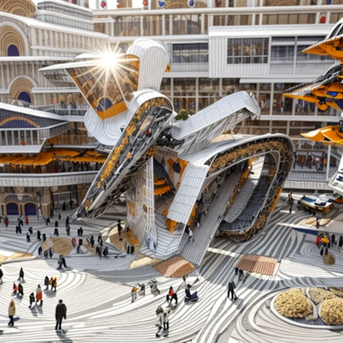 hudson yards,bullring,futuristic architecture,futuristic art museum,hongdan center,the dubai mall entrance,sky space concept,oval forum,seoul namdaemun,shopping mall,urban design,autostadt wolfsburg,transport hub,universal exhibition of paris,solar cell base,largest hotel in dubai,smart city,futuristic landscape,millenium falcon,fractalius