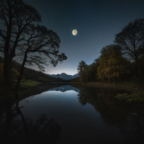 lake district,moonlit night,trossachs national park - dunblane,moonlit,moonrise,stabyhoun,scottish highlands,loch drunkie,loch,moon at night,landscape photography,moon photography,scotland,reflection in water,reflections in water,night photography,hanging moon,moonscape,before dawn,night image,Photography,General,Natural
