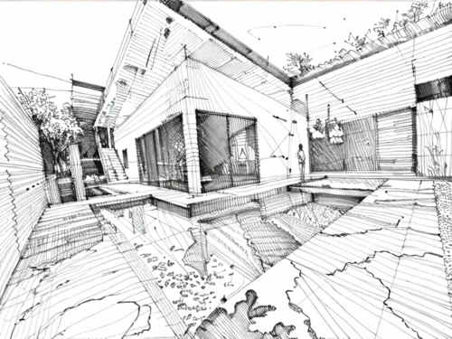 geometric ai file,house drawing,garden design sydney,3d rendering,core renovation,crosshatch,landscape design sydney,structural glass,tiling,gray-scale,escher,wireframe graphics,archidaily,polygons,geometrical,glass tiles,polygonal,patio,camera drawing,lattice windows,Design Sketch,Design Sketch,Hand-drawn Line Art