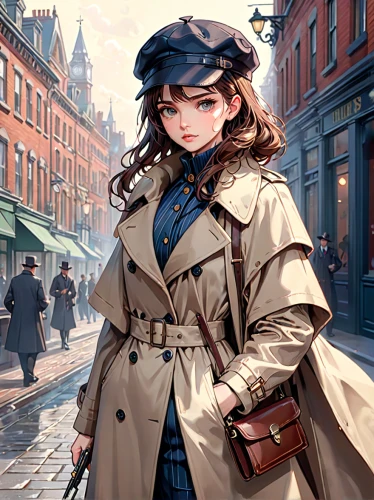 detective,steampunk,french digital background,victorian lady,overcoat,winterblueher,trench coat,victorian,girl in a historic way,female doctor,anime japanese clothing,coat,investigator,sherlock holmes,vesper,holmes,policewoman,inspector,winter clothing,victorian style,Anime,Anime,General