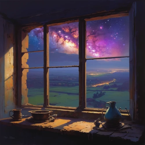 evening atmosphere,astronomer,window to the world,the night sky,night sky,bedroom window,dream world,starry sky,starlight,window seat,astronomy,window sill,nightsky,windowsill,summer evening,window,study room,windows,the window,window view,Conceptual Art,Sci-Fi,Sci-Fi 22