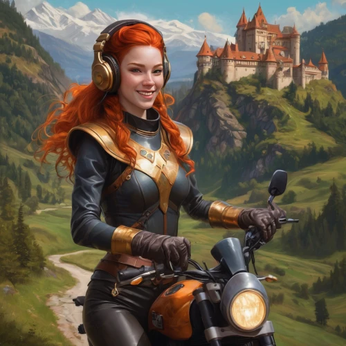 fantasy portrait,fantasy picture,motorcyclist,fantasy art,motorbike,biker,sci fiction illustration,motorcycle tour,motorcycling,fantasy woman,motorcycle,riding instructor,adventurer,scooter riding,game illustration,woman bicycle,motorcycle tours,neuschwanstein,rotglühender poker,cuirass,Conceptual Art,Fantasy,Fantasy 01