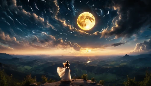 fantasy picture,moon and star background,fantasy art,world digital painting,celestial body,moonlit night,phase of the moon,fantasy landscape,moonlit,moon phase,the moon,hanging moon,moonrise,celestial bodies,skywatch,moonlight,photo manipulation,celestial phenomenon,the night sky,dream world,Illustration,Realistic Fantasy,Realistic Fantasy 02