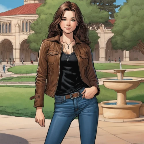 librarian,rosa ' amber cover,sci fiction illustration,author,leather jacket,clary,rowan,vanessa (butterfly),main character,custom portrait,female doctor,girl with speech bubble,fashionable girl,cg artwork,palo alto,jeans background,game illustration,portrait background,wonder woman city,college student