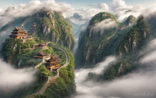 tigers nest,huangshan mountains,mountainous landscape,chinese clouds,fantasy landscape,huashan,mountain landscape,huangshan maofeng,chinese temple,great wall of china,chinese architecture,mountain settlement,mountain scene,mountainous landforms,chinese art,yunnan,guizhou,guilin,landscape background,world digital painting,Game Scene Design,Game Scene Design,Chinese Martial Arts Fantasy