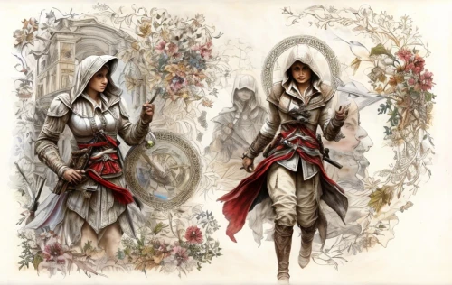 aesulapian staff,the order of the fields,female warrior,male elf,elves,templar,concept art,costume design,assassin,mod ornaments,assassins,elven,artemisia,suit of the snow maiden,game illustration,warrior woman,hanging elves,sterntaler,pilgrims,cg artwork,Game Scene Design,Game Scene Design,Renaissance