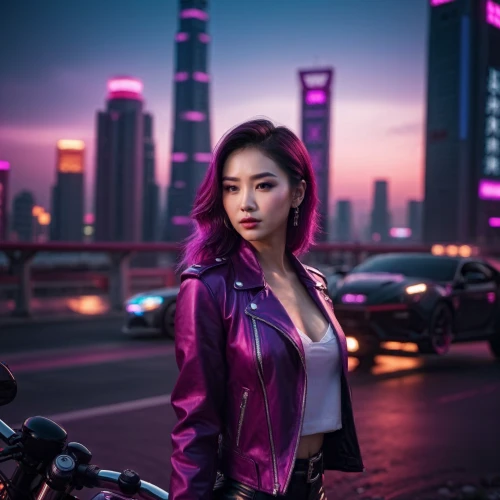 purple background,purple and pink,purple wallpaper,shanghai,pink-purple,cyberpunk,hong,pink background,phuquy,colorful city,leather jacket,biker,dark pink in colour,pink dawn,dusk background,asian woman,bolero jacket,portrait background,asian vision,pink car