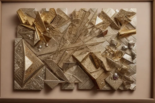 wood diamonds,quartz clock,pyrite,gold foil art deco frame,paper art,torn paper,art deco frame,gilding,wood mirror,gold stucco frame,gold leaf,abstract gold embossed,paper frame,arrowheads,shards,decorative art,gold foil art,wall panel,gold spangle,framed paper,Product Design,Jewelry Design,Europe,Ethnic Fusion