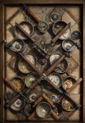 steampunk gears,coffee wheel,cooking utensils,trinkets,cooktop,cookware and bakeware,watchmaker,utensils,apothecary,steam icon,sextant,spice rack,ship's wheel,pirate treasure,mod ornaments,alchemy,cog,bearing compass,collected game assets,a drawer,Game Scene Design,Game Scene Design,Realistic