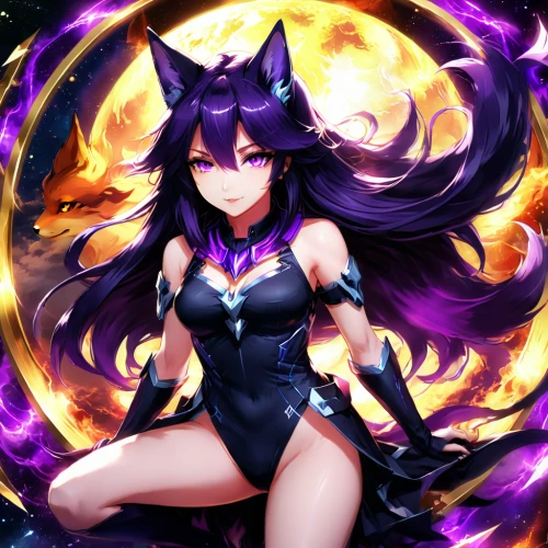 nine-tailed,deadly nightshade,dark-type,black cat,purple wallpaper,halloween black cat,kitsune,cheshire,core shadow eclipse,monsoon banner,halloween banner,raven girl,purple,purple background,panther,violet,ultraviolet,goddess of justice,fire background,halloween background,Illustration,Japanese style,Japanese Style 03