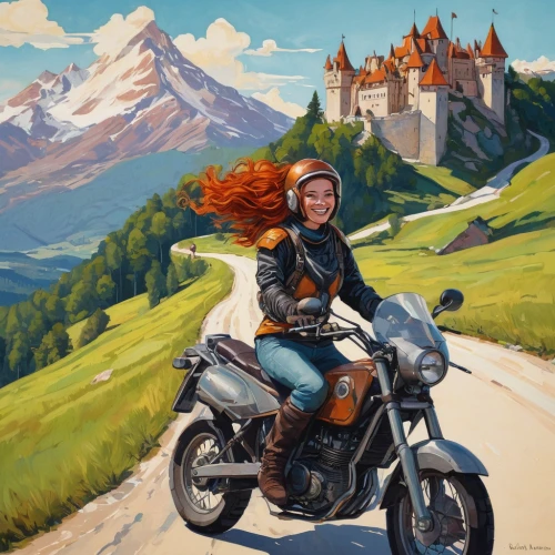 scooter riding,motorcycle tour,world digital painting,motorbike,piaggio,motorcycle tours,merida,fantasy portrait,digital nomads,fantasy picture,motorcycle,motor scooter,piaggio ciao,dacia,neuschwanstein,travel woman,girl with a wheel,motorcyclist,motorella,motorcycling,Conceptual Art,Daily,Daily 02