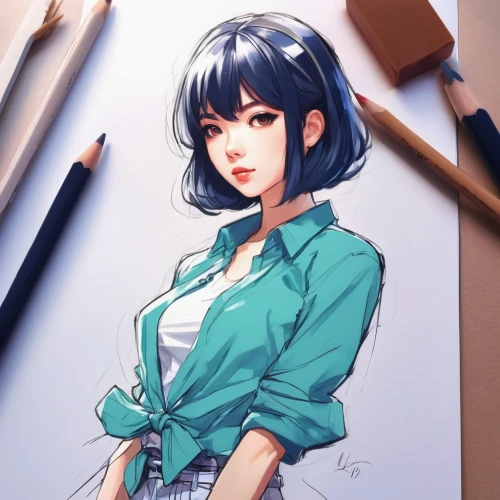 blue painting,watercolor blue,hinata,study,girl drawing,gentiana,girl studying,digital painting,jean jacket,denim jacket,illustrator,painting pattern,artist color,girl portrait,watercolor background,blue petals,to draw,painting,pencil frame,sapphire,Conceptual Art,Fantasy,Fantasy 19