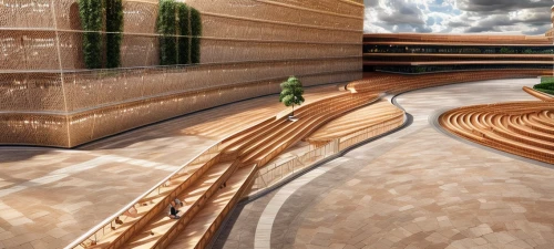 amphitheater,3d rendering,school design,archidaily,wood deck,amphitheatre,daylighting,futuristic art museum,theater stage,wooden decking,corten steel,sky space concept,3d bicoin,futuristic architecture,plywood,eco-construction,laminated wood,wooden mockup,wooden path,eco hotel