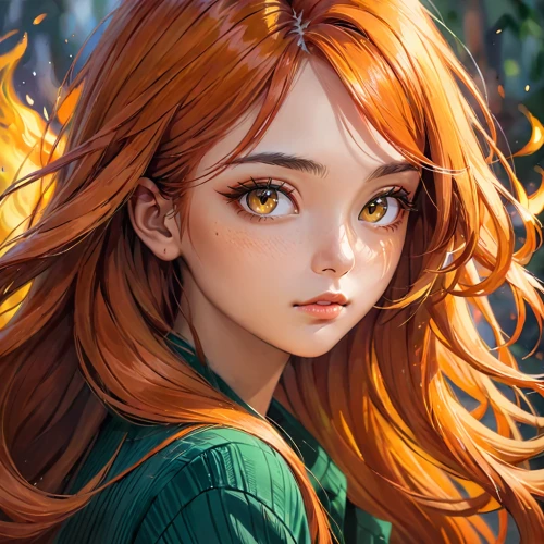 nami,merida,fantasy portrait,cinnamon girl,asuka langley soryu,fae,burning hair,girl portrait,flame spirit,fiery,vanessa (butterfly),mystical portrait of a girl,nora,red-haired,clary,orange color,digital painting,transistor,redheads,fire eyes,Anime,Anime,General