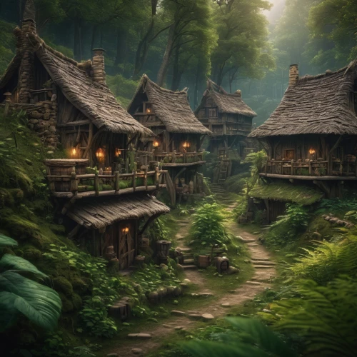 house in the forest,wooden houses,fairy village,fantasy landscape,ancient house,mountain settlement,mountain village,fantasy picture,home landscape,huts,alpine village,elven forest,druid grove,log home,wooden house,traditional house,fairytale forest,korean folk village,log cabin,germany forest,Photography,General,Fantasy