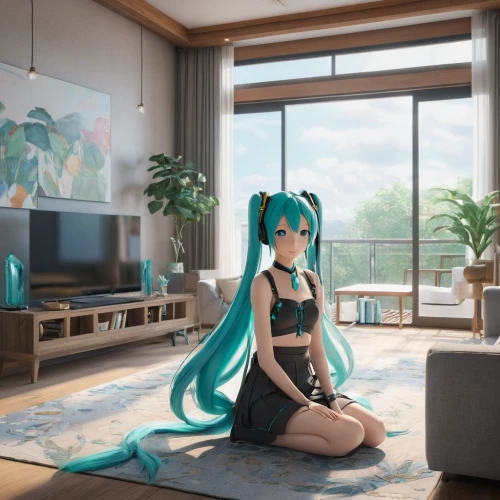 hatsune miku,miku,vocaloid,apartment lounge,modern room,livingroom,living room,sky apartment,anime 3d,new apartment,apartment,shared apartment,emerald sea,blue room,great room,green living,playing room,sitting on a chair,honolulu,empty room,Photography,General,Natural