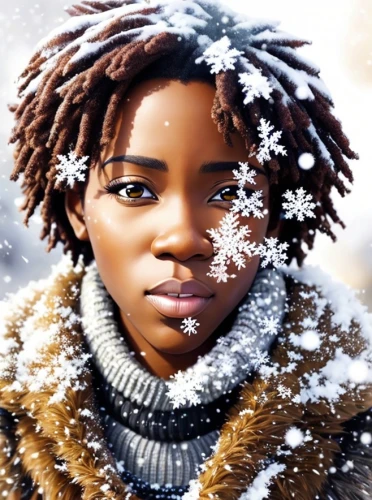 eskimo,clementine,winter background,the snow queen,snow scene,fantasy portrait,world digital painting,willow,snow drawing,hushpuppy,african american woman,digital painting,wintry,snowfall,winter,african woman,snowy,bjork,glory of the snow,mystical portrait of a girl,Common,Common,Japanese Manga