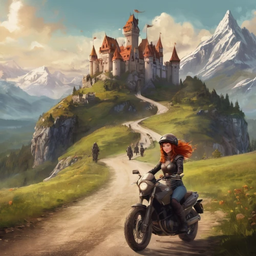 motorcycle tour,merida,fantasy picture,adventurer,motorcycle tours,traveler,motorcycling,motorbike,summit castle,motorcyclist,fantasy landscape,adventure,knight's castle,fantasy art,knight village,motorcycle,motorcycles,mountain settlement,castel,transistor,Conceptual Art,Fantasy,Fantasy 02