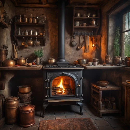 victorian kitchen,wood-burning stove,wood stove,candlemaker,vintage kitchen,tinsmith,blacksmith,cookery,hearth,fireplaces,stove,stone oven,the kitchen,kitchen,masonry oven,cooking pot,hobbiton,kitchen interior,country cottage,tin stove,Photography,General,Fantasy