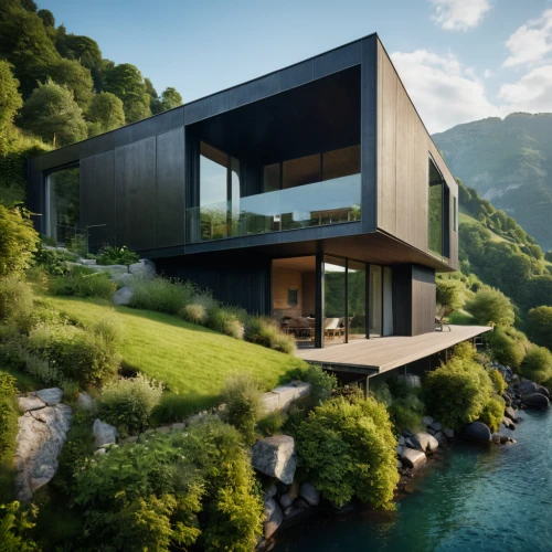 house by the water,cubic house,house in the mountains,house with lake,modern architecture,house in mountains,swiss house,modern house,cube house,floating huts,cube stilt houses,luxury property,eco-construction,dunes house,corten steel,private house,grass roof,timber house,summer house,beautiful home,Photography,General,Cinematic