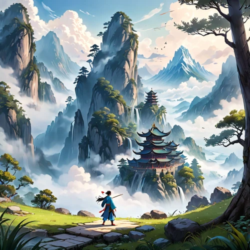 mountain scene,landscape background,mountain landscape,world digital painting,mountainous landscape,fantasy landscape,mountain world,tigers nest,chinese background,high landscape,game illustration,cartoon video game background,japan landscape,backgrounds,mount scenery,meteora,yunnan,mountains,5 dragon peak,japanese mountains,Anime,Anime,General