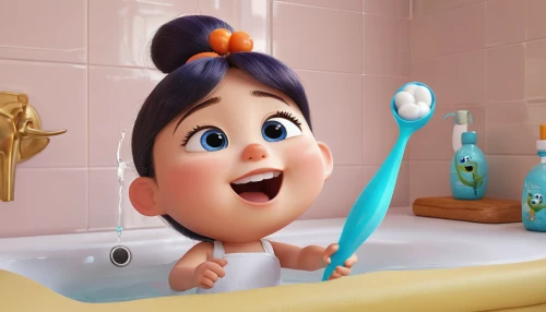 tooth brushing,toothbrush,cute cartoon character,the girl in the bathtub,baby shampoo,bathtub spout,cute cartoon image,agnes,bath toy,brush teeth,toothbrush holder,hygiene,baby bathing,toilet brush,bathtub,bath with milk,bath balls,shower rod,toothpaste,personal hygiene,Unique,3D,3D Character