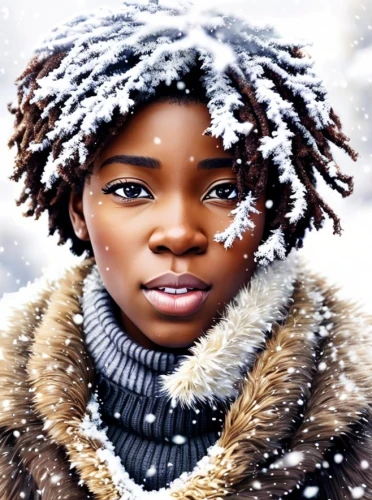 eskimo,the snow queen,snow scene,wintry,snow drawing,mystical portrait of a girl,bjork,african american woman,snowy,oil painting on canvas,winter background,african woman,young girl,afro american girls,world digital painting,afro-american,beautiful african american women,snowfall,girl portrait,suit of the snow maiden,Common,Common,Japanese Manga