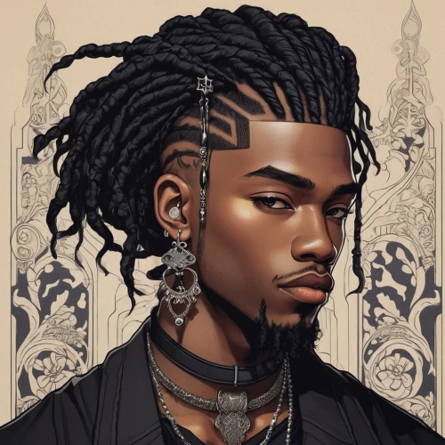 zodiac sign libra,twists,offset,pinterest icon,zodiac sign leo,soundcloud icon,african american male,fantasy portrait,mohawk hairstyle,zodiac sign gemini,novelist,layered hair,braided,cornrows,portrait background,vector illustration,dread,artist portrait,custom portrait,black businessman,Illustration,Japanese style,Japanese Style 15