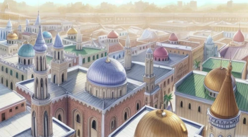 roof domes,hamelin,basil's cathedral,mosques,fantasy city,saint basil's cathedral,the kremlin,big mosque,hogwarts,peter-pavel's fortress,roofs,minarets,medieval town,grand mosque,medieval architecture,islamic architectural,new castle,city palace,samarkand,winter village