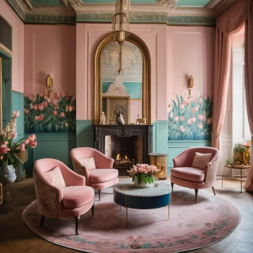 sitting room,pink chair,ornate room,danish room,chaise lounge,rococo,breakfast room,shabby-chic,valentine's day décor,great room,interiors,interior design,royal interior,shabby chic,floral chair,interior decor,danish furniture,livingroom,decor,living room,Photography,General,Cinematic