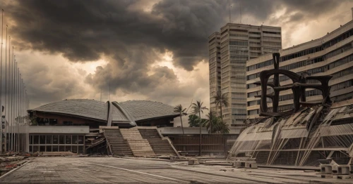 toronto city hall,autostadt wolfsburg,brutalist architecture,katowice,bundestag,post-apocalyptic landscape,ekaterinburg,potsdamer platz,the european parliament in strasbourg,medellin,post apocalyptic,apocalyptic,tempodrom,rotterdam,urban landscape,eu parliament,noah's ark,european parliament,dark clouds,post-apocalypse,Game Scene Design,Game Scene Design,Japanese Realistic Modern