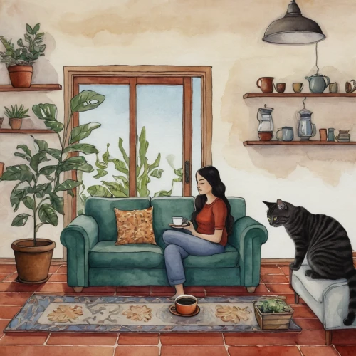 cat's cafe,indoor,windowsill,ritriver and the cat,window sill,livingroom,indoors,house plants,living room,watercolor cafe,two cats,cat lovers,domestic long-haired cat,sitting room,cat drinking tea,domestic cat,girl studying,shared apartment,cat furniture,cat frame,Illustration,Paper based,Paper Based 08