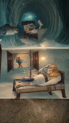 sleeping room,alice in wonderland,children's bedroom,children's room,waterbed,the little girl's room,ice hotel,children's interior,mermaid background,dreamland,abandoned room,3d fantasy,the blue caves,wall painting,house of the sea,under sea,baby room,fantasy picture,dolphinarium,studio ghibli,Game Scene Design,Game Scene Design,Dark Fairy Tale