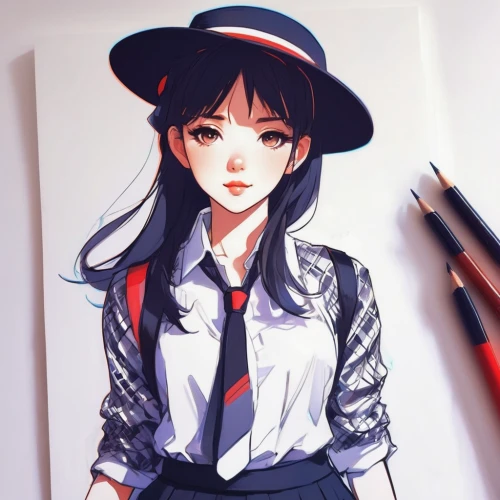 school uniform,fashionable girl,schoolgirl,study,girl wearing hat,hinata,girl drawing,beret,fashion sketch,school clothes,retro girl,girl studying,high sun hat,sun hat,ordinary sun hat,school skirt,illustrator,colorful doodle,coloring,summer hat,Conceptual Art,Fantasy,Fantasy 19