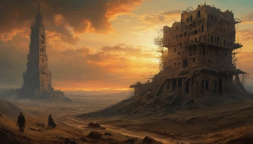 post-apocalyptic landscape,fantasy landscape,ancient city,futuristic landscape,barren,tower of babel,wasteland,desolation,destroyed city,ruin,ruins,scorched earth,dreadnought,ruined castle,volcanic landscape,the ruins of the,dune landscape,old earth,lostplace,monolith,Photography,General,Natural
