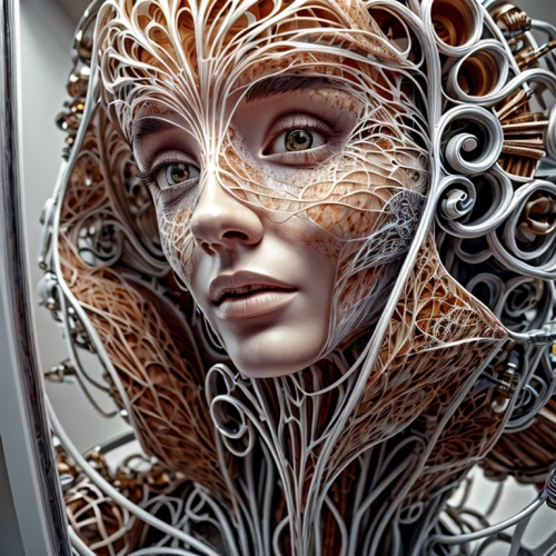 biomechanical,fractals art,fractal design,sci fiction illustration,cybernetics,dryad,mandelbulb,tangle,queen cage,medusa,complexity,computer art,veil,filigree,tendrils,humanoid,fantasy portrait,virtual identity,fractalius,image manipulation