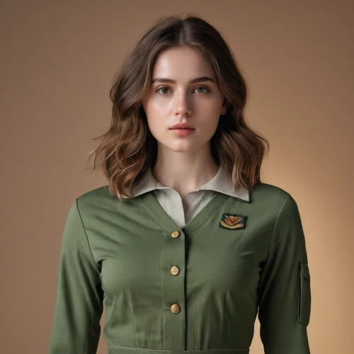 green jacket,polo shirt,a uniform,khaki,park ranger,bolero jacket,clover jackets,jacket,uniform,bomber,stewardess,flight attendant,in green,parka,liberty cotton,polo shirts,military uniform,vintage girl,nurse uniform,benetton,Photography,General,Natural