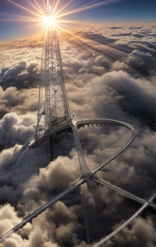 cable-stayed bridge,skyway,skycraper,sky space concept,above the clouds,skyscapers,ravenel bridge,dubai frame,lotte world tower,o2 tower,transmission tower,the observation deck,anzac bridge,futuristic architecture,heavenly ladder,34 meters high,communications tower,observation deck,cloud shape frame,sky city,Common,Common,Natural