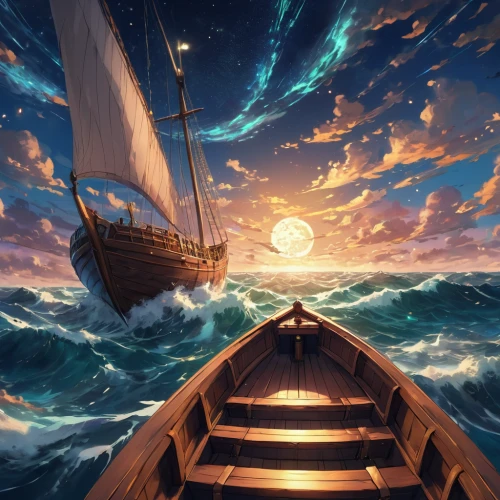 sea fantasy,sea sailing ship,adrift,world digital painting,the endless sea,sailing,voyage,ocean background,fantasy picture,sailing ship,at sea,maelstrom,seafaring,galleon,the wind from the sea,sail,scarlet sail,open sea,sailing-boat,sea night,Illustration,Japanese style,Japanese Style 03