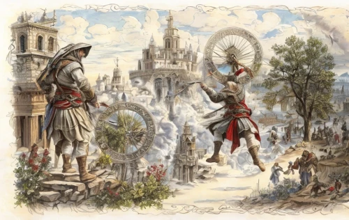 the pied piper of hamelin,elves flight,genesis land in jerusalem,children's fairy tale,pilgrims,medieval,game illustration,hanging elves,a fairy tale,saint michel,elves,don quixote,puy du fou,fantasy world,vintage illustration,fairy tale,constantinople,christmas scene,encarte,pilgrimage,Game Scene Design,Game Scene Design,Renaissance