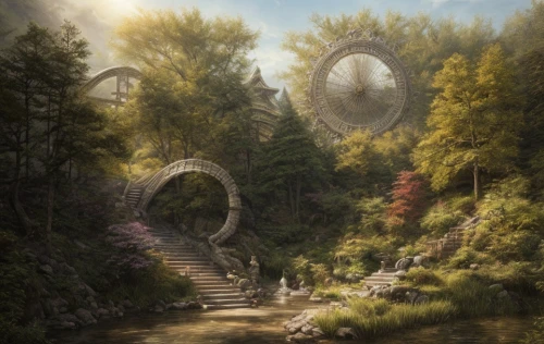 stargate,fantasy picture,the mystical path,dragon bridge,fantasy landscape,portals,water wheel,elven forest,heaven gate,flow of time,forest of dreams,dreamcatcher,world digital painting,the forests,bridal veil,fairy world,hangman's bridge,forest path,travelers,crescent spring,Game Scene Design,Game Scene Design,Japanese Magic