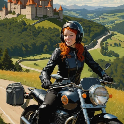 motorcycle tour,motorcycle tours,fantasy picture,merida,hogwarts,harley-davidson,sci fiction illustration,motorcycling,transylvania,travel woman,motorbike,motorcyclist,vespa,motorcycle,triumph,cafe racer,ride out,harley davidson,witch driving a car,triumph 1300,Conceptual Art,Daily,Daily 08