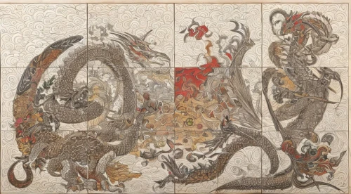 zodiac,trioceros,khokhloma painting,coats of arms of germany,tile,ceramic tile,oriental painting,heraldic animal,dragons,zodiac sign,floor tiles,panel,ceramic floor tile,tapestry,dragon,dragon design,amano,reichsmark,heraldry,mosaic,Game Scene Design,Game Scene Design,Japanese Realistic Modern