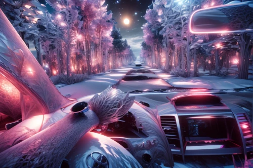 night highway,3d car wallpaper,futuristic landscape,alpine drive,forest road,car lights,ghost car,ice planet,drive,enchanted forest,the road,alien world,racing road,roads,ghost car rally,virtual landscape,ghost forest,city highway,moon car,forest of dreams