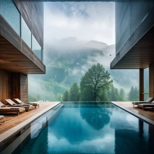 infinity swimming pool,house in mountains,pool house,house in the mountains,luxury property,swiss house,outdoor pool,switzerland chf,modern architecture,mirror house,glass wall,roof landscape,futuristic architecture,luxury hotel,swimming pool,corten steel,water cube,home landscape,thermae,chalet,Photography,General,Natural